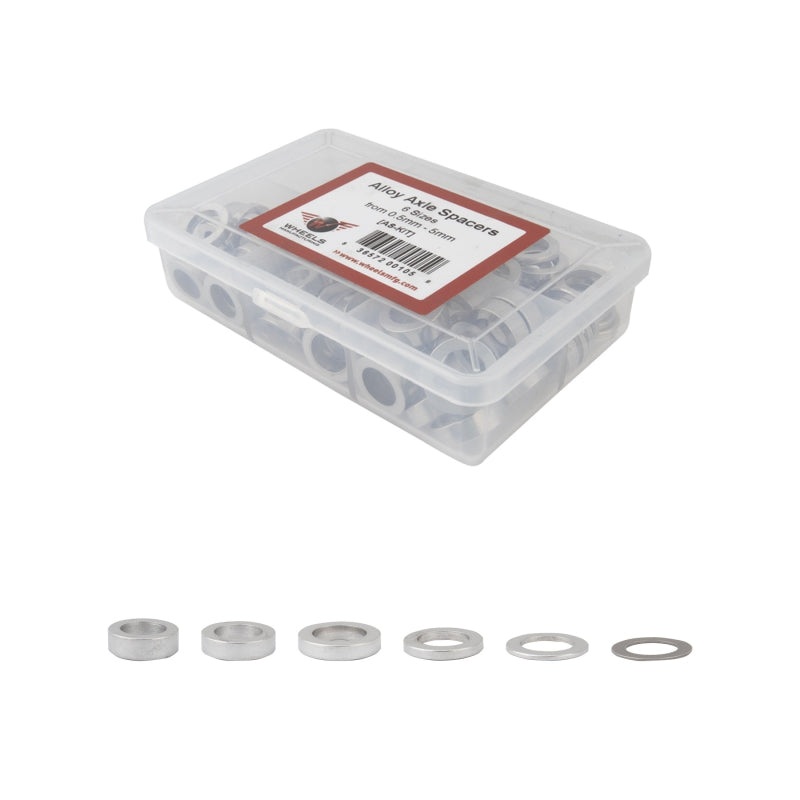 Wheels Manufacturing Kit of six assorted sizes .5 to 5mm 125 Spacers in storage box