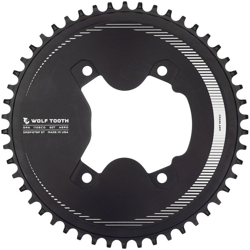 Wolf Tooth Aero 110 Asymmetric BCD Chainring – 50t 110 Asymmetric BCD 4-Bolt Drop-Stop ST For Shimano GRX 800 Series BLK
