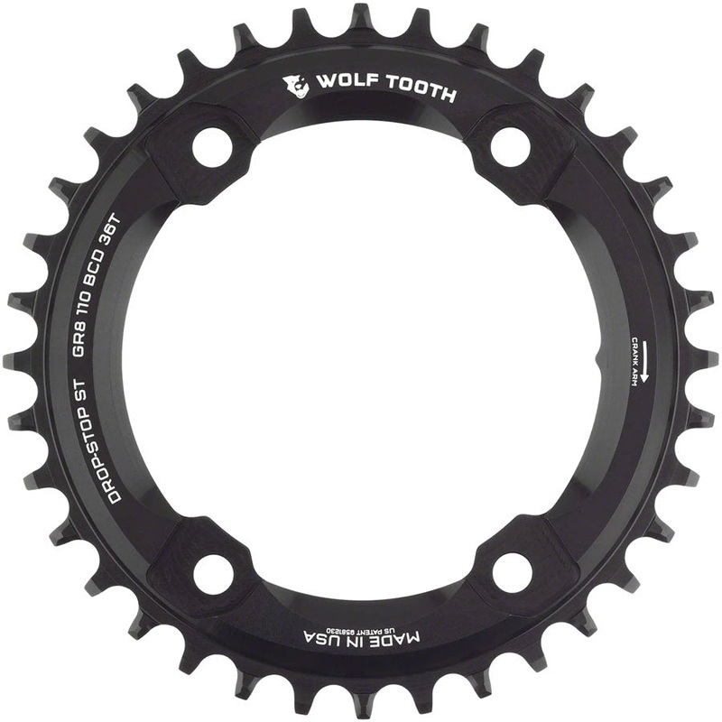 Wolf Tooth Shimano 110 Asymmetric BCD Chainring – 36t 110 Asymmetric BCD 4-Bolt Drop-Stop ST For Shimano GRX Cranks BLK