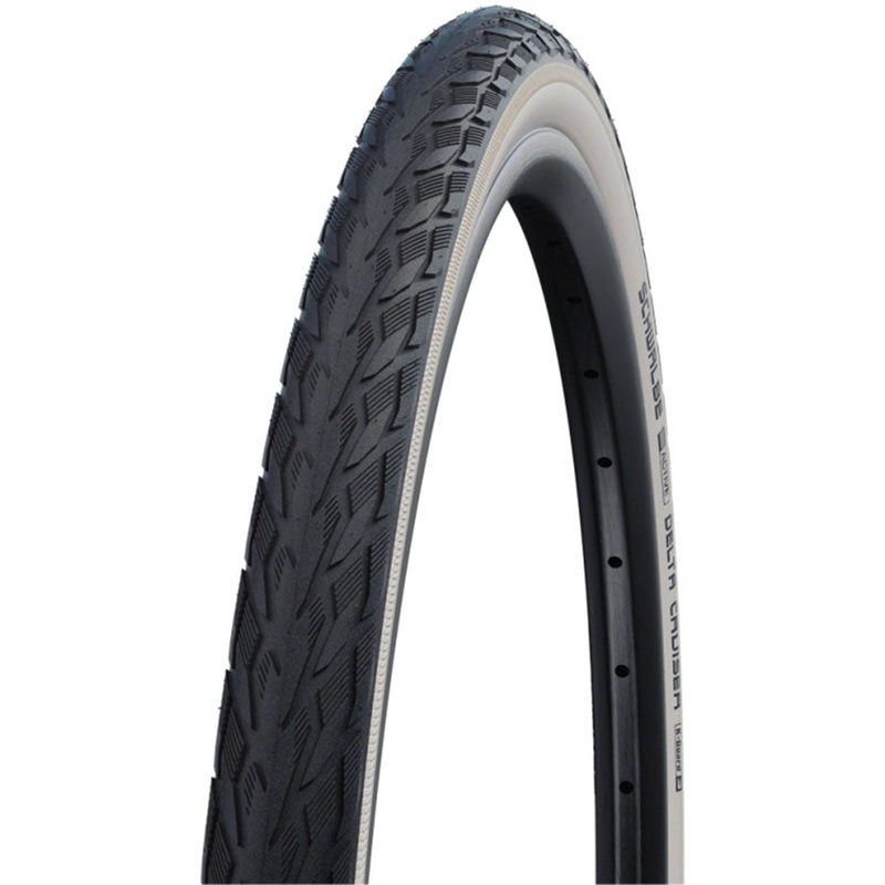 Schwalbe Delta Cruiser Plus Tire – 26 x 1-3/8 Clincher Wire Whitewall/Reflective Active Line PunctureGuard Green Compound E-25