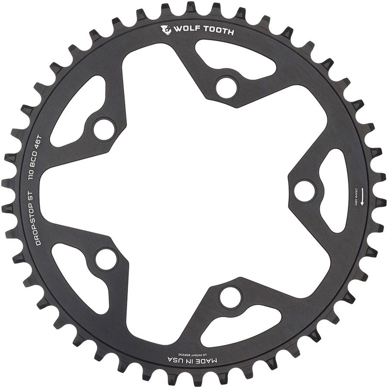 Wolf Tooth 110 BCD Gravel CX Road Chainring – 46t 110 BCD 5-Bolt Drop-Stop ST For Shimano HG+ KMC 12-Speed Chains BLK