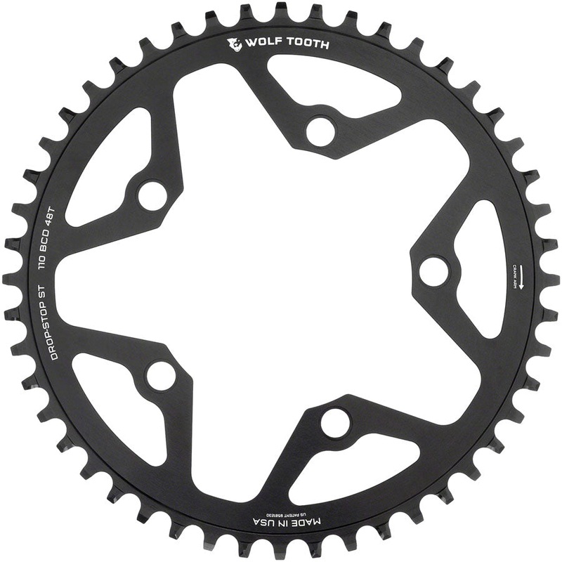 Wolf Tooth 110 BCD Gravel CX Road Chainring – 48t 110 BCD 5-Bolt Drop-Stop ST For Shimano HG+ KMC 12-Speed Chains BLK