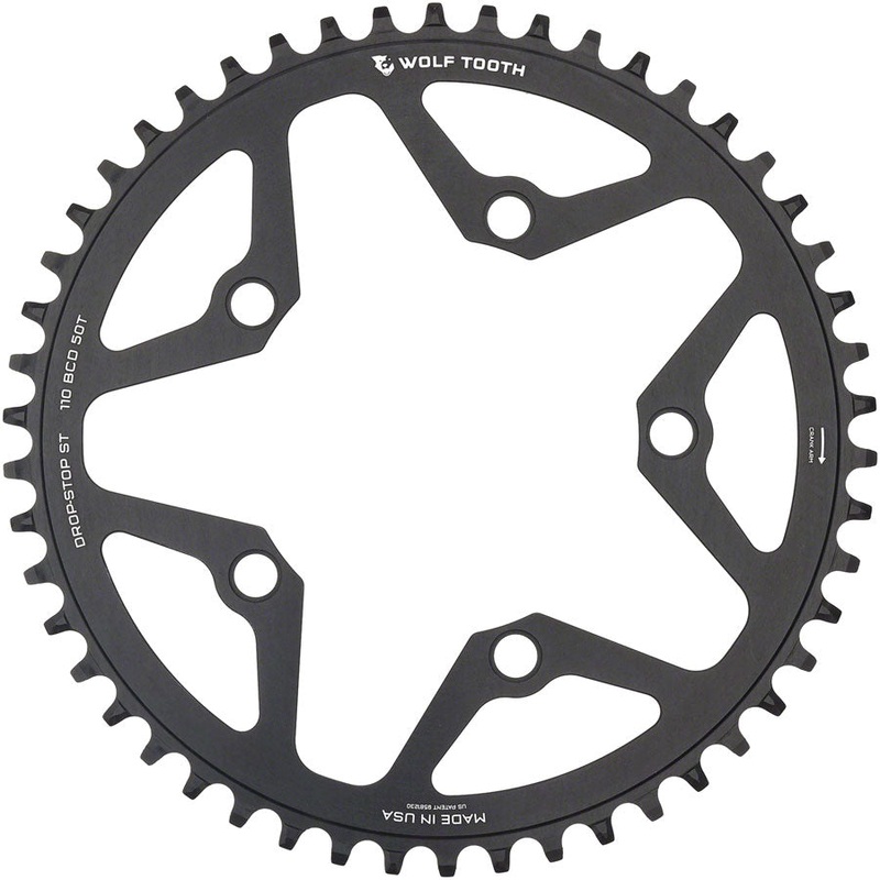 Wolf Tooth 110 BCD Gravel CX Road Chainring – 50t 110 BCD 5-Bolt Drop-Stop ST For Shimano HG+ KMC 12-Speed Chains BLK