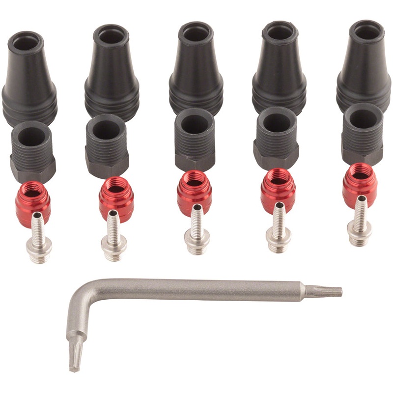 SRAM Red/Force AXS 2-Pc Disc Brake Hose Fitting Kit – 5 Threaded Hose Barbs 5 Compression Nuts 5 Boots Red Comp Olives 1 T8 Torx
