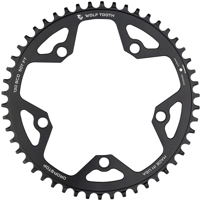Wolf Tooth 130 BCD Road Cyclocross Chainring – 50t 130 BCD 5-Bolt Drop-Stop B 10/11/12-Speed Eagle Flattop Compatible BLK