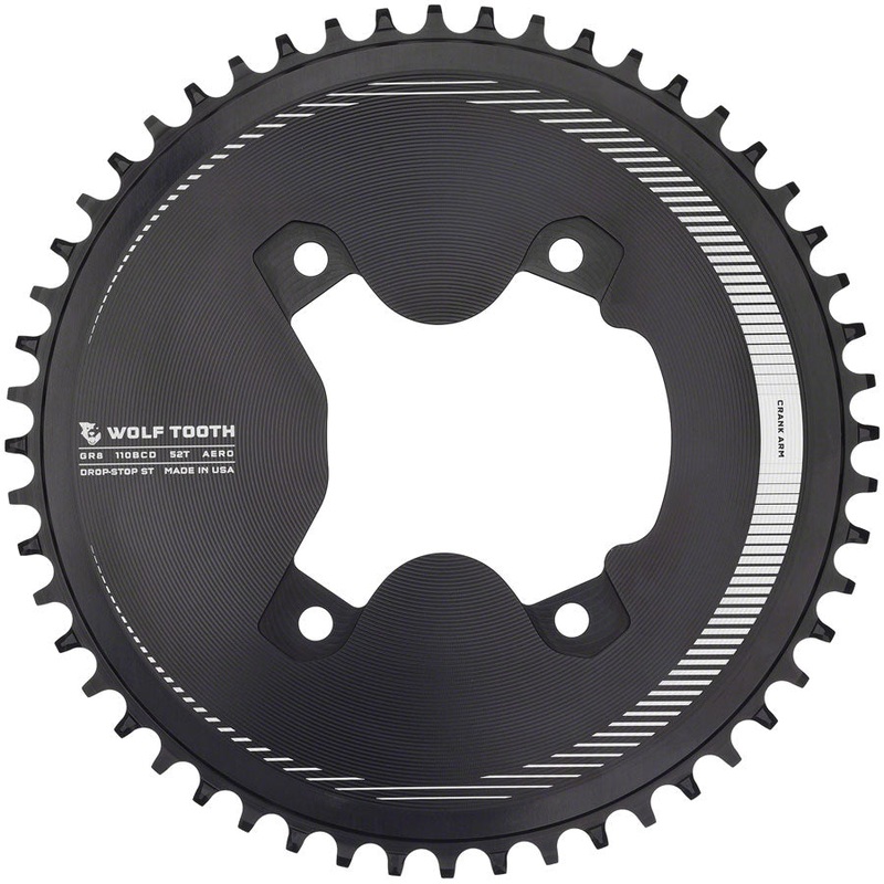 Wolf Tooth Aero 110 Asymmetric BCD Chainring – 52t 110 Asymmetric BCD 4-Bolt Drop-Stop ST For Shimano GRX 800 Series BLK